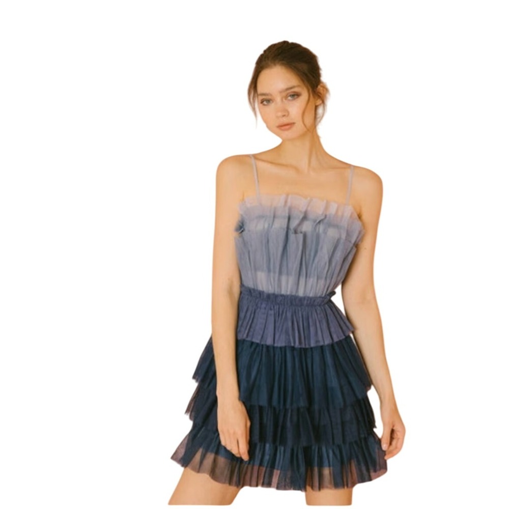 Storia‎ Blue Ombre Colorblock Tulle Ruffle Layered Mini Dress Size Small
